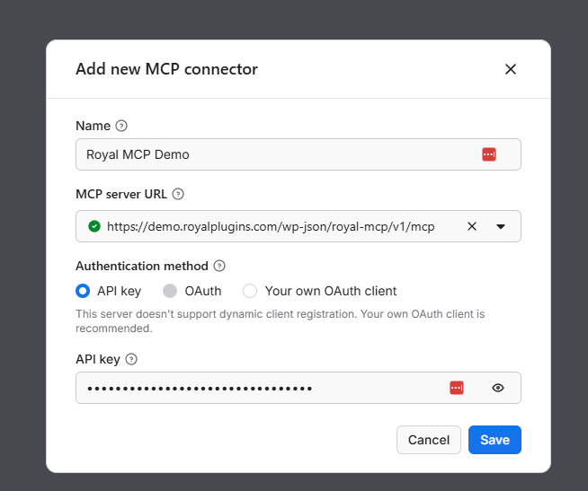 Apify Console 'Add new MCP connector' dialog with Name set to 'Royal MCP Demo', MCP server URL set to https://demo.royalplugins.com/wp-json/royal-mcp/v1/mcp, Authentication method 'API key' selected, and an API key entered in the masked field.
