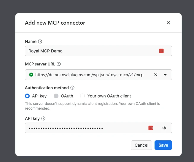 Apify Console 'Add new MCP connector' dialog with Name set to 'Royal MCP Demo', MCP server URL set to https://demo.royalplugins.com/wp-json/royal-mcp/v1/mcp, Authentication method 'API key' selected, and an API key entered in the masked field.