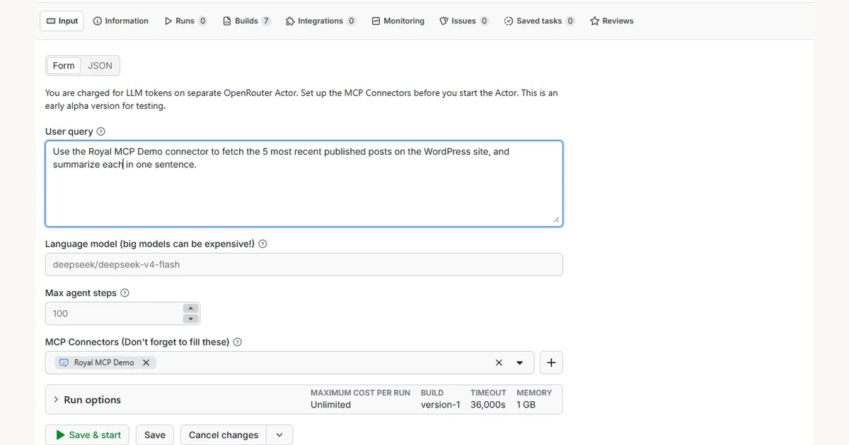 Apify Console showing the Universal MCP Connector Actor with a Royal MCP Demo connector configured, ready to run a WordPress query through an LLM agent.