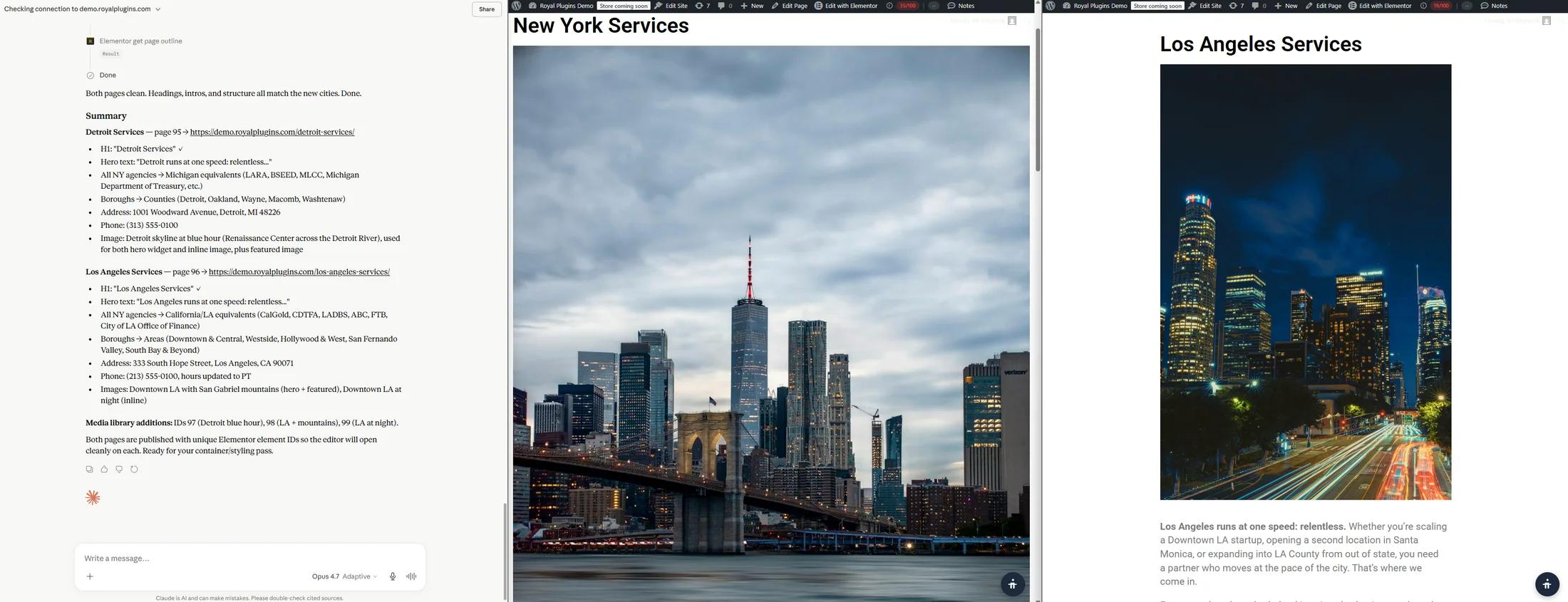 Claude chat on the left showing the Royal MCP tool-call summary, with the New York Services source page in the middle and the cloned Los Angeles Services page on the right, all live on demo.royalplugins.com.