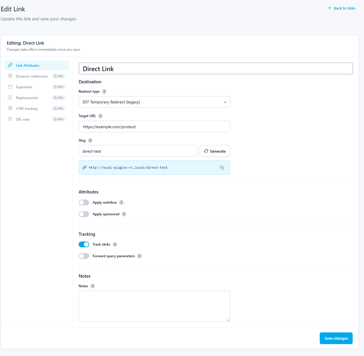 Pretty Links Edit Link screen with five PRO-locked tabs: Dynamic redirection, Expiration, Replacements, UTM tracking, QR code