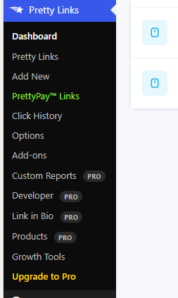 Pretty Links sidebar with 12 items, 7 of which are paywalled features, cross-promo, or upgrade links