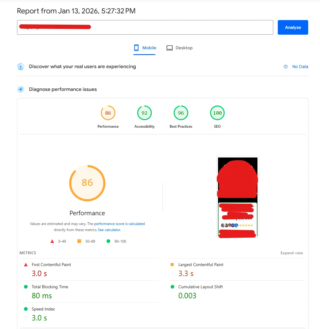 PageSpeed mobile score of 86