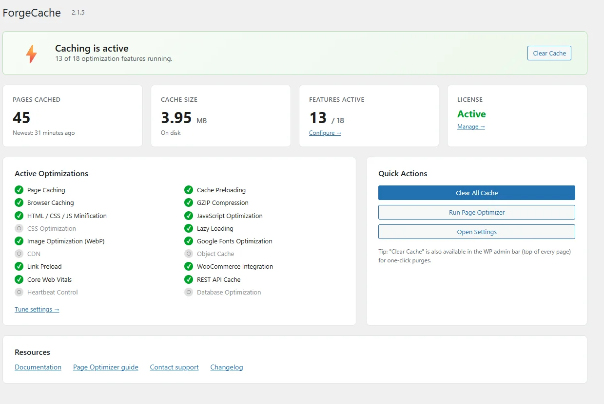 ForgeCache Dashboard &mdash; caching status, active optimizations, and quick actions