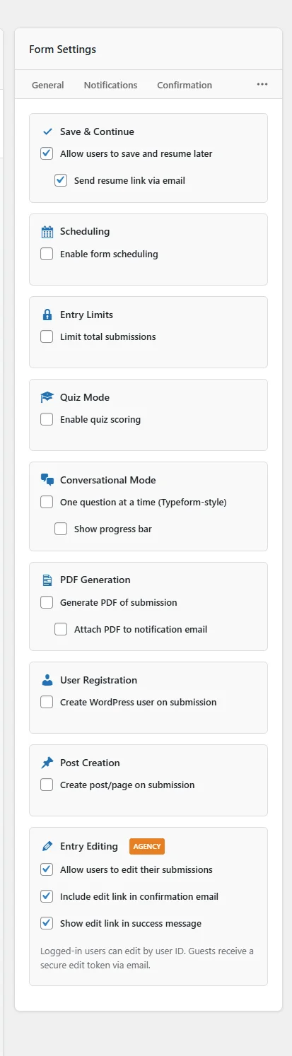 FormForge Pro Form Settings Panel