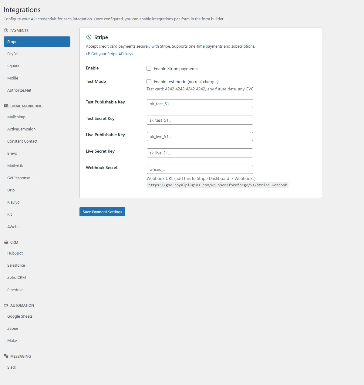 FormForge Pro Integrations Panel