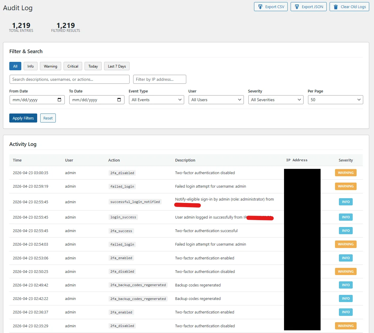 GuardPress Pro Activity & Audit Log showing user actions, login events, severity levels, and timestamps
