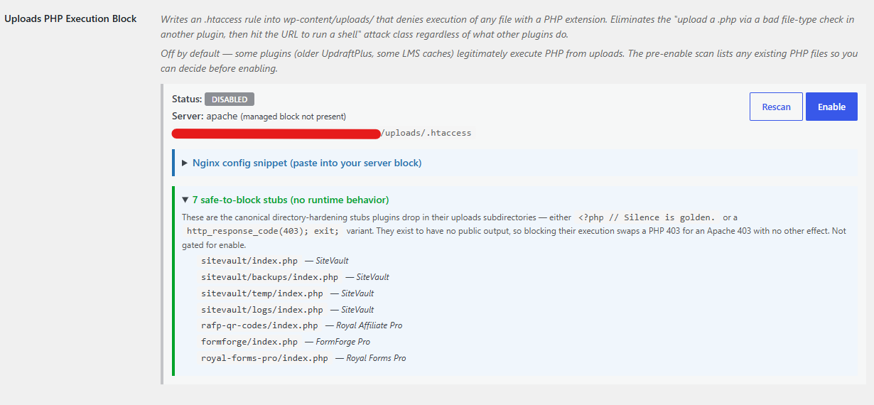 Uploads PHP Execution Block panel showing DISABLED status, detected server type, .htaccess path, and a collapsible list of safe-to-block stub files with plugin attribution (SiteVault, FormForge Pro, Royal Affiliate Pro, Royal Forms Pro)