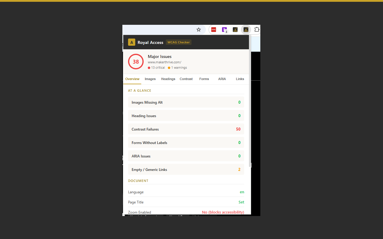 Royal Access Overview tab showing a 38 red score, Major Issues label, and Document structure findings