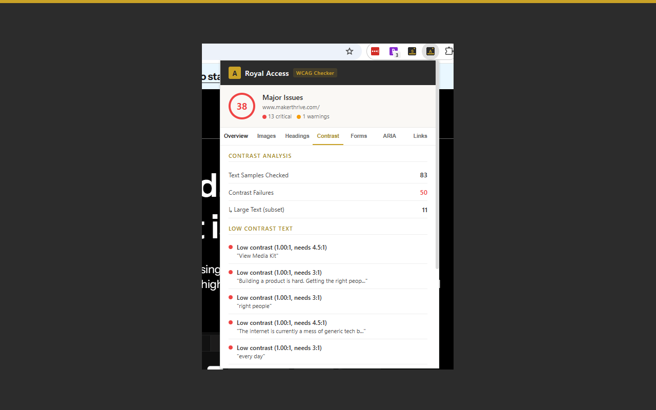 Royal Access Contrast tab showing failed contrast ratios with computed ratios and text previews