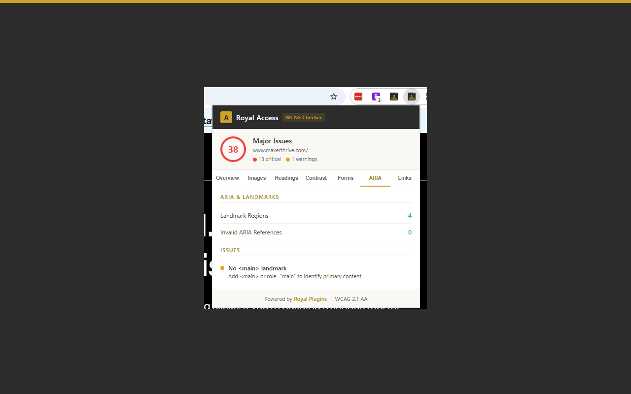 Royal Access Headings tab showing heading hierarchy with skipped level and empty heading warnings