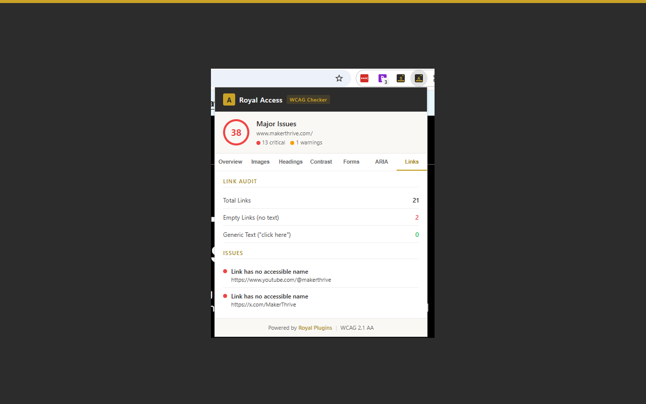 Royal Access Forms or ARIA tab showing label and landmark findings