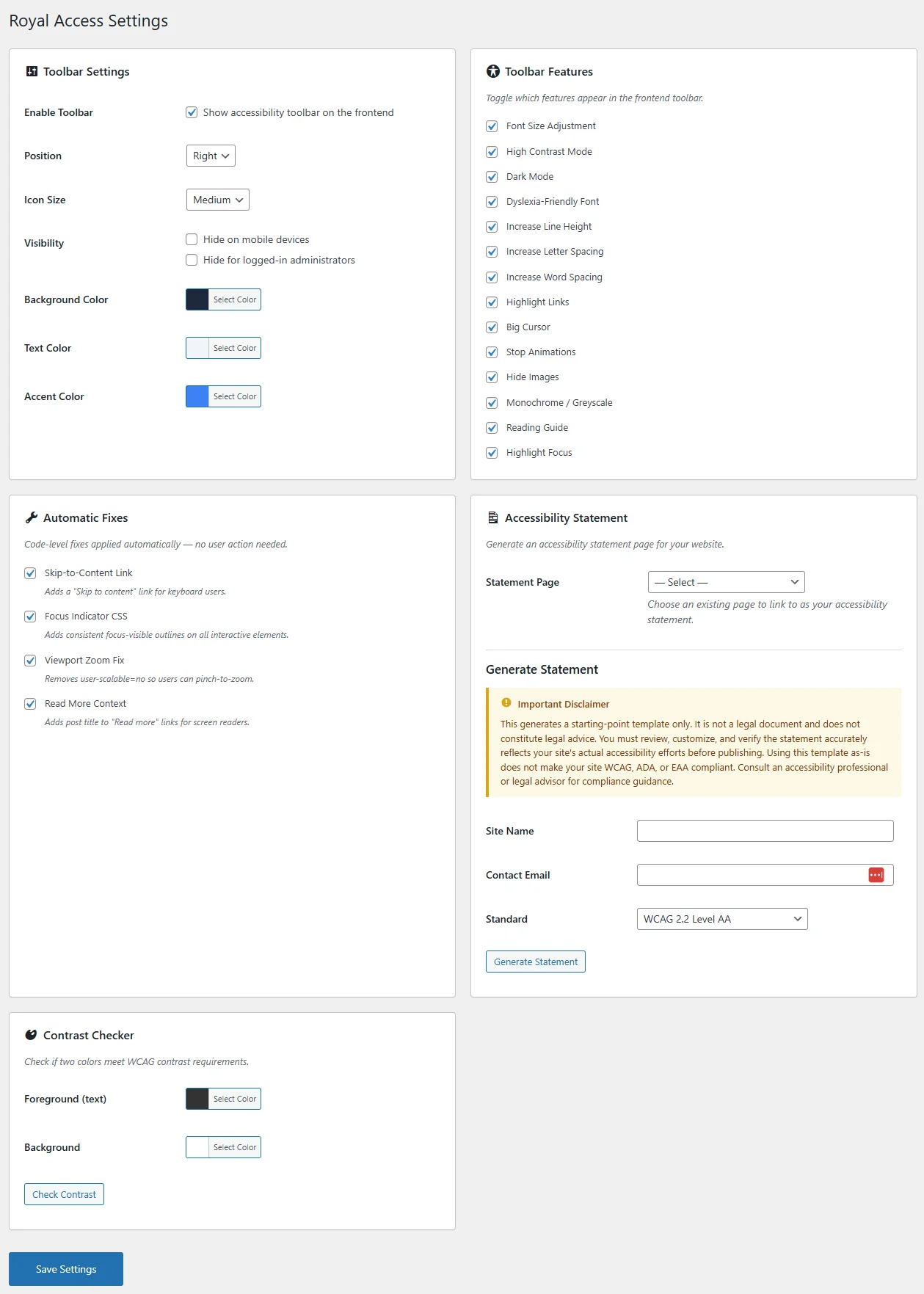 Royal Access Settings Page