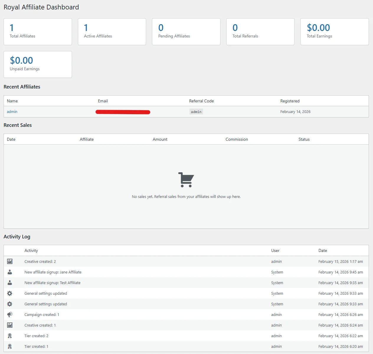 Royal Affiliate Pro - Program Dashboard Overview