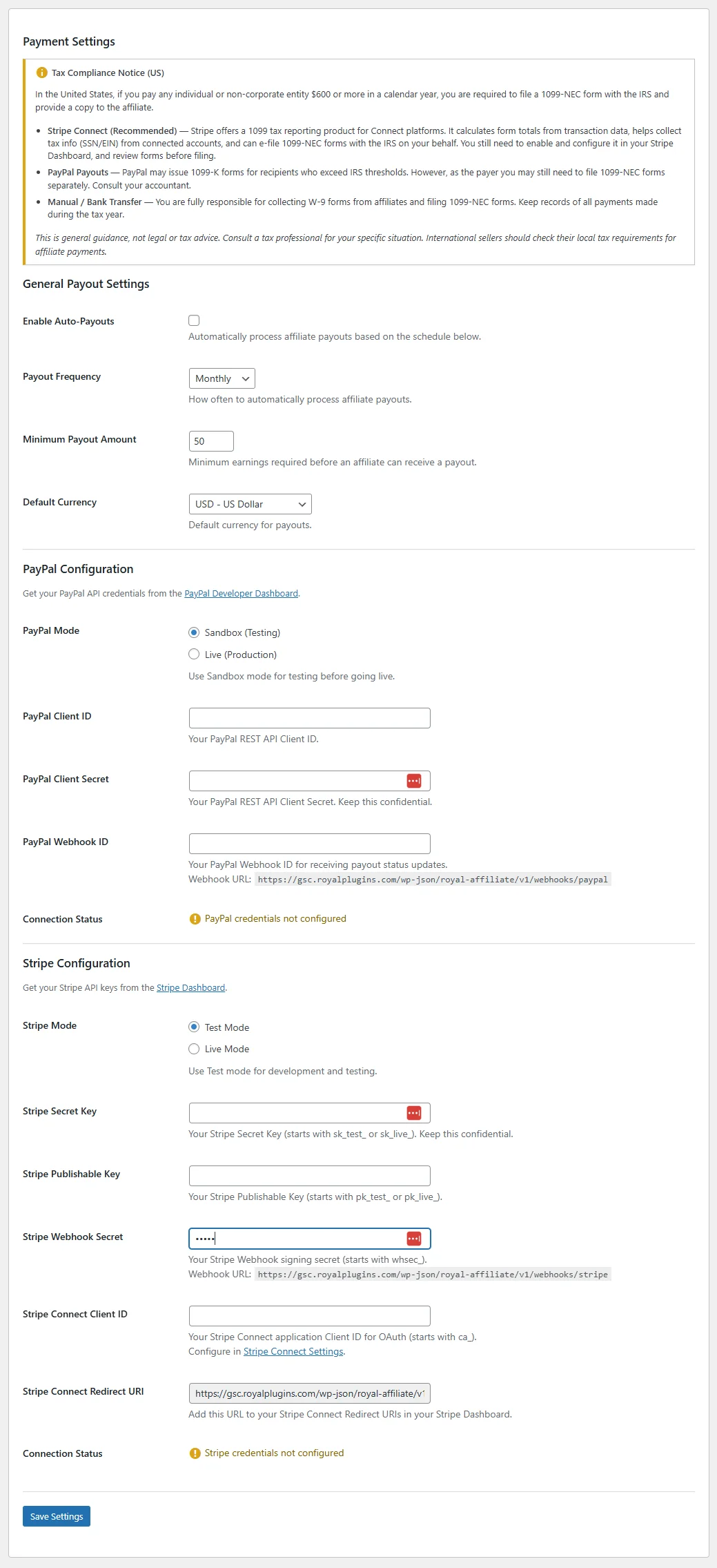 Royal Affiliate Pro - Payment Settings