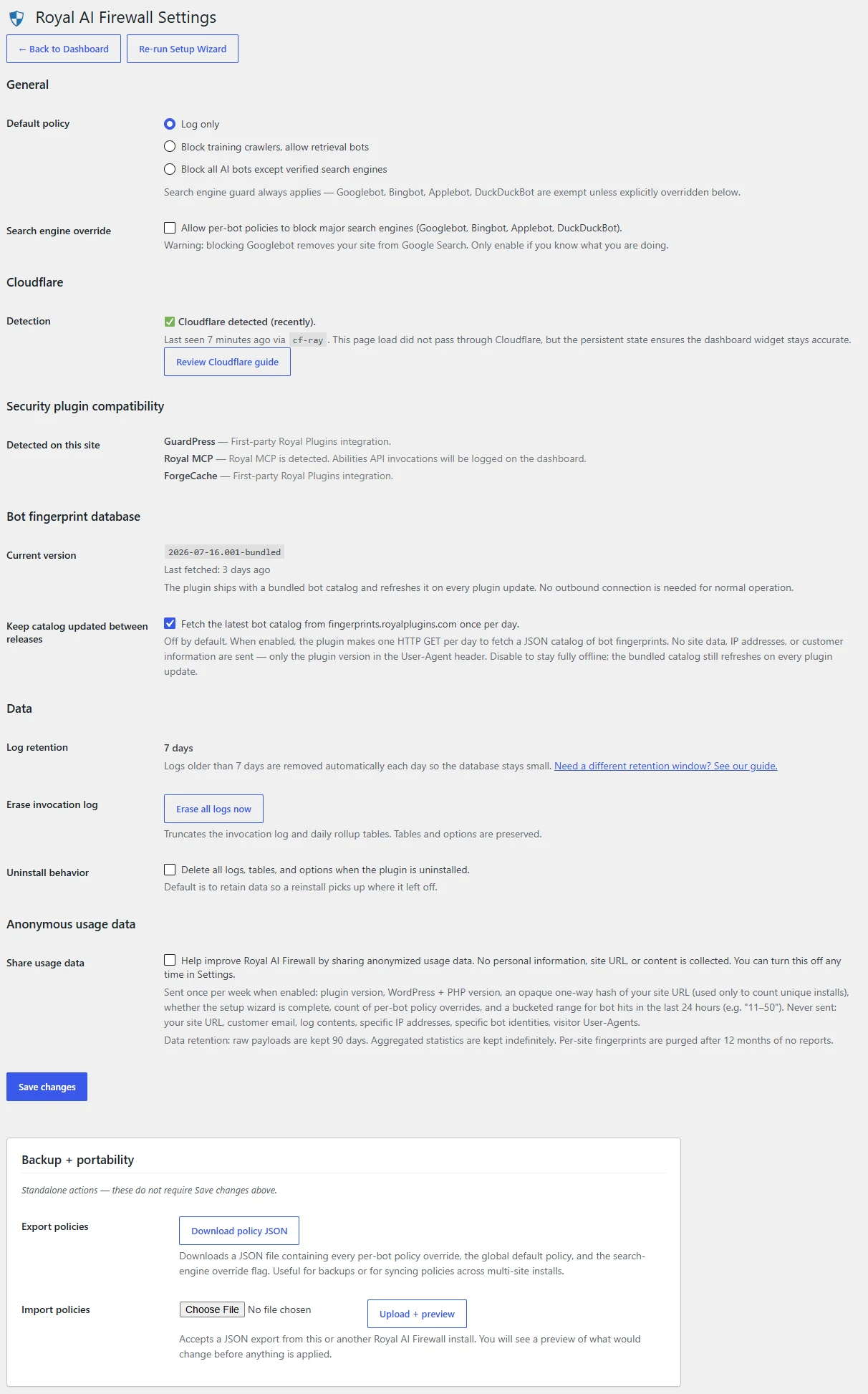 Royal AI Firewall Settings page