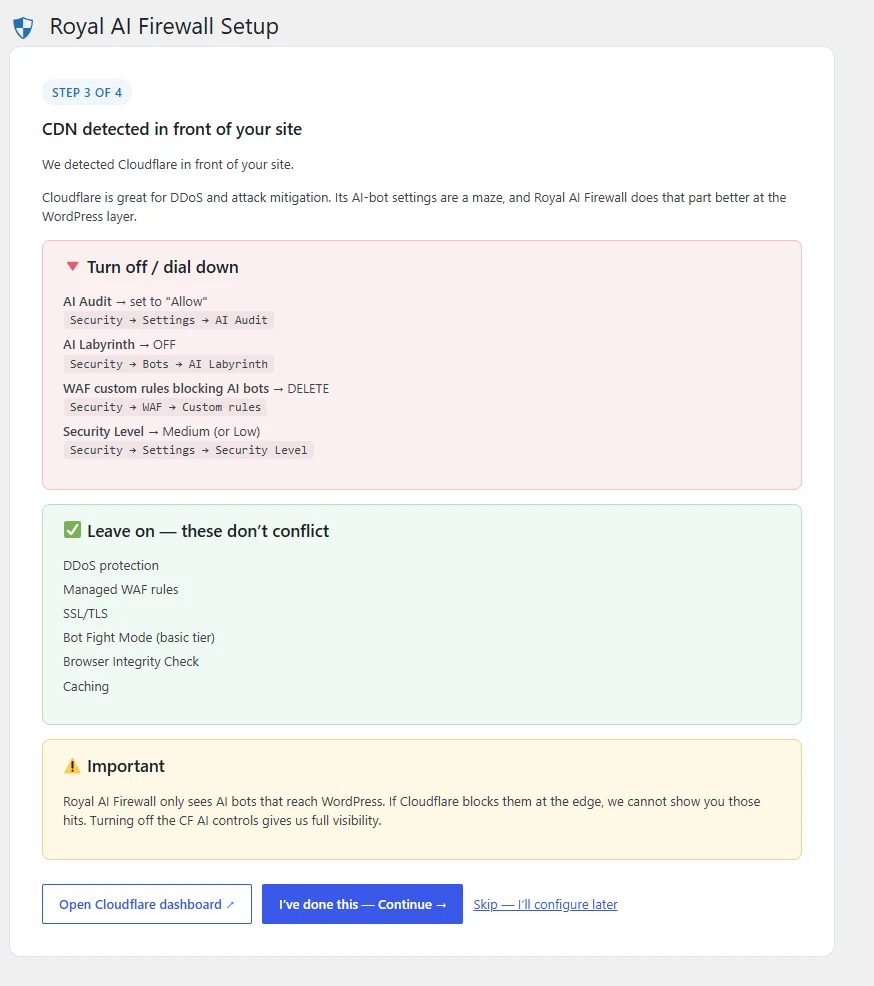 Wizard step 3 &mdash; Cloudflare dial-down