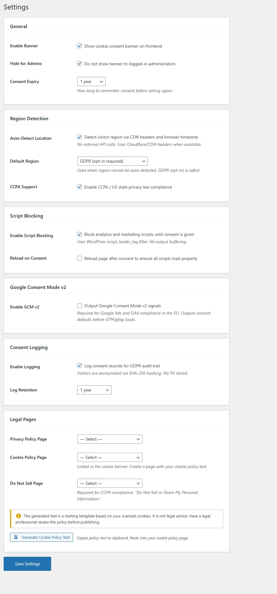 RoyalComply Settings Page