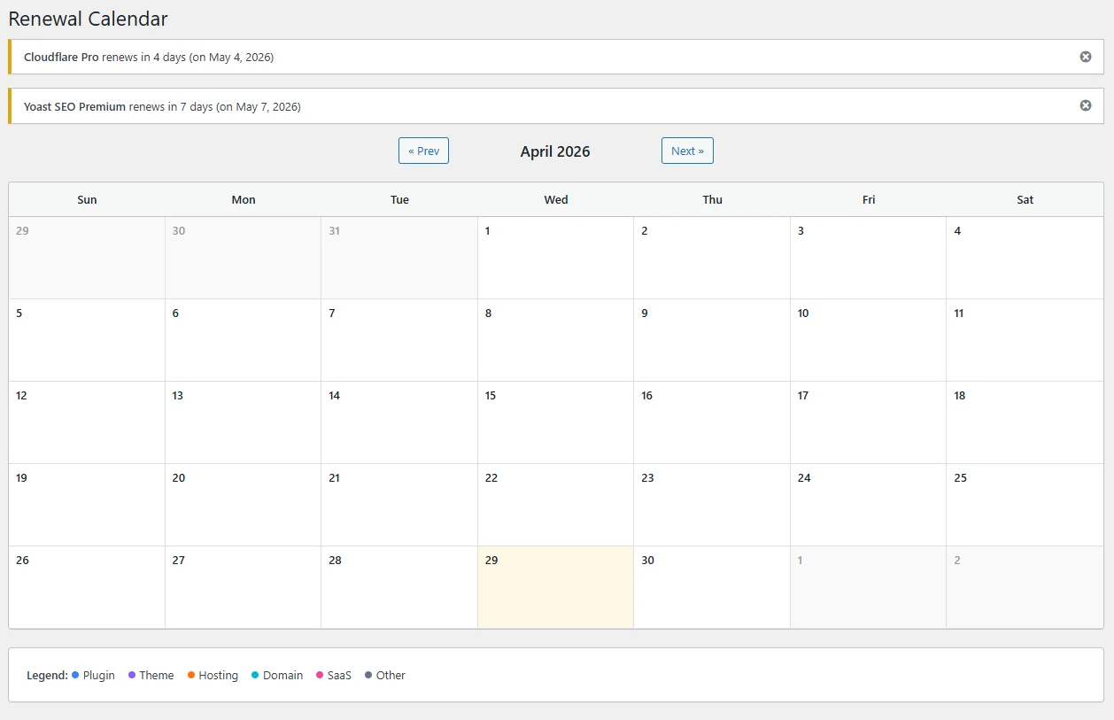 Royal Ledger renewal calendar view
