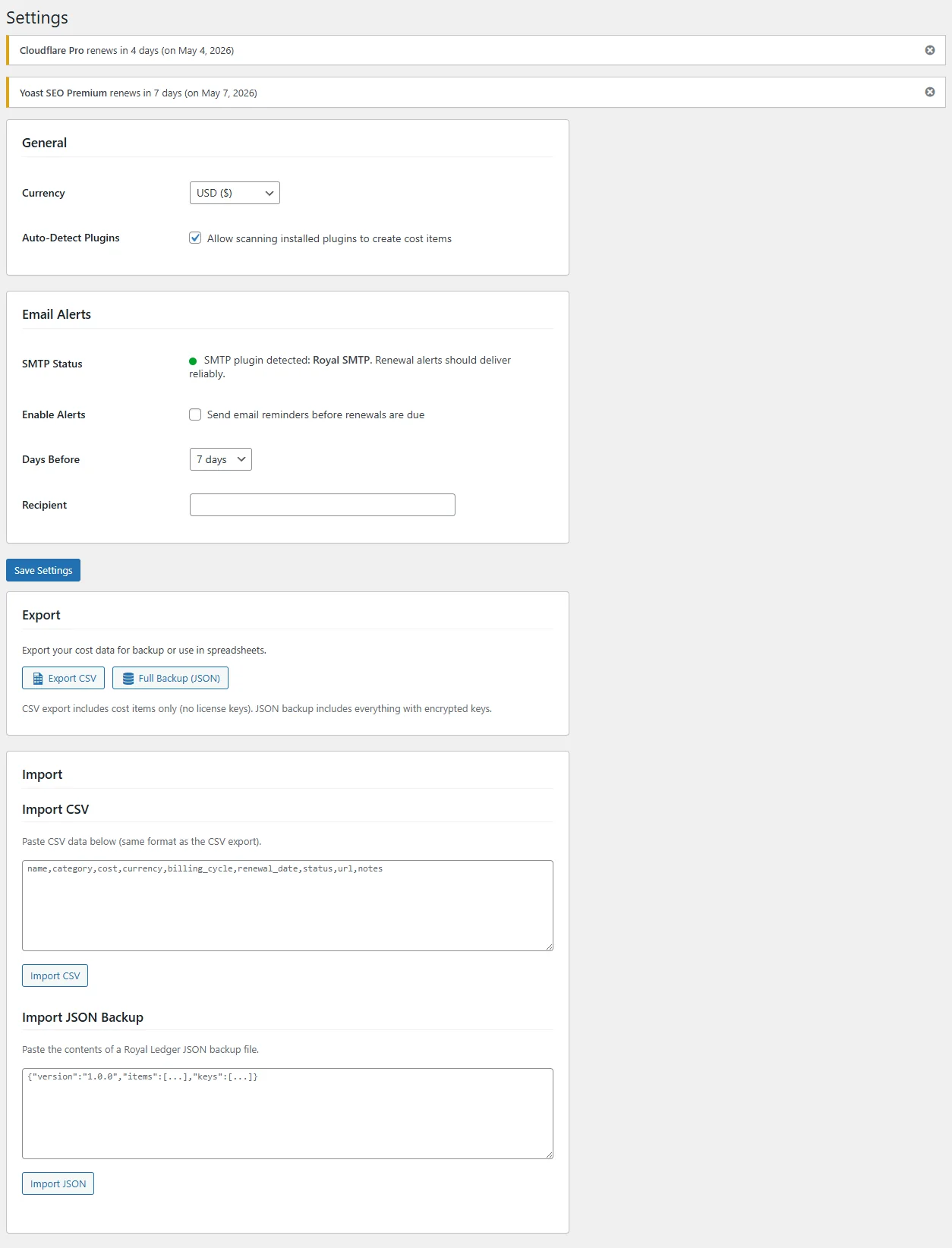 Royal Ledger settings with SMTP detection, currency, and CSV/JSON export and import