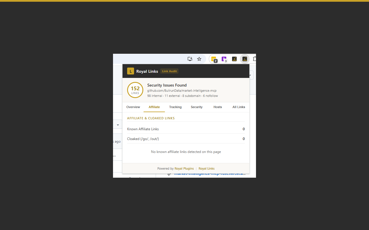 Royal Links Audit Overview tab showing 152 links and Security Issues Found label