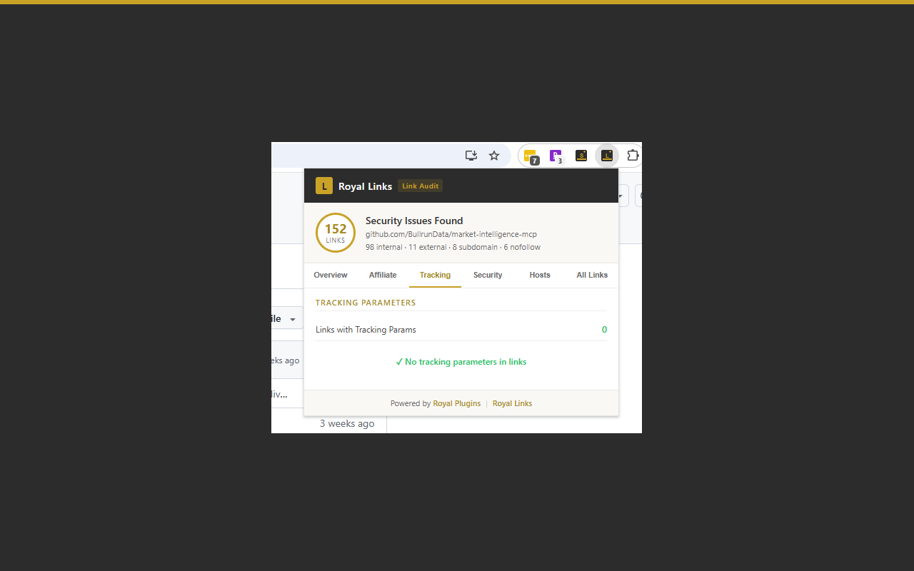 Royal Links Audit showing detected affiliate links with cloaking and disclosure badges