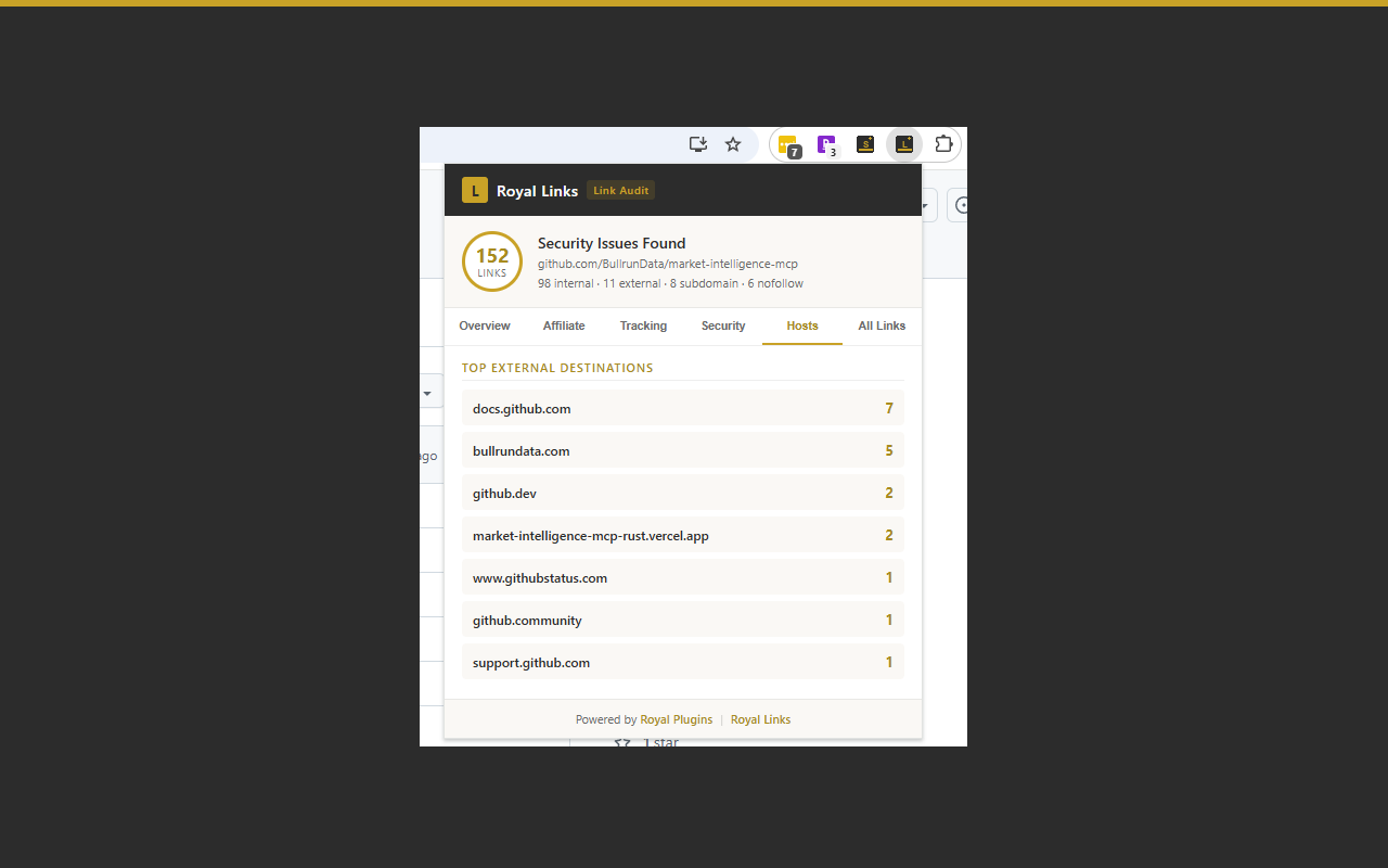 Royal Links Audit Security tab showing unsafe target blank and mixed content findings