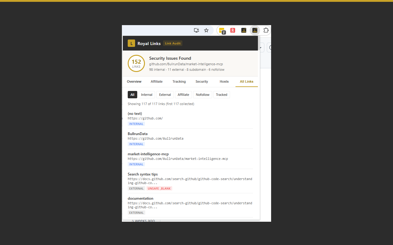 Royal Links Audit Hosts tab showing top 10 external hosts ranked by link count
