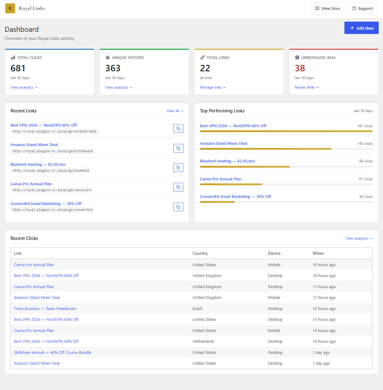 Royal Links Dashboard landing page with total clicks, unique visitors, total links, unresolved 404s, top performing links with horizontal bars, recent links, and recent clicks activity feed