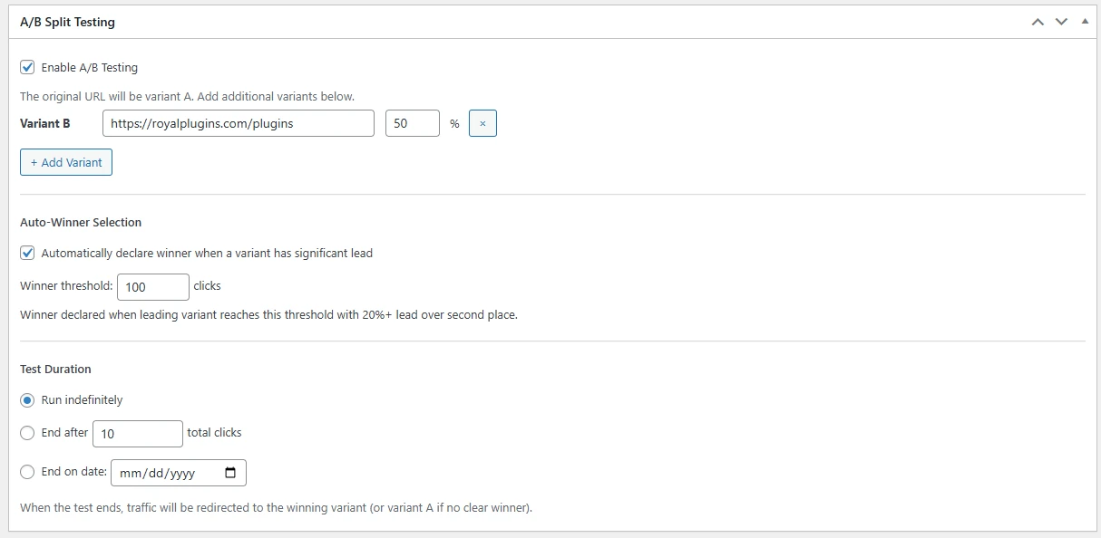 Royal Links Pro A/B split testing configuration with traffic distribution and conversion tracking