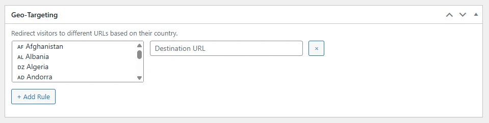 Royal Links Pro geo-targeting settings with country-specific redirect URLs and fallback configuration