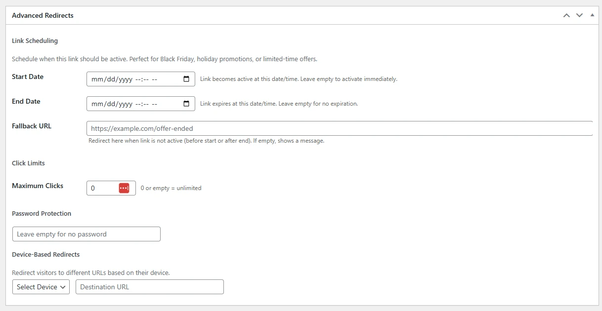 Royal Links Pro link scheduling dashboard with date picker and automated redirect timing