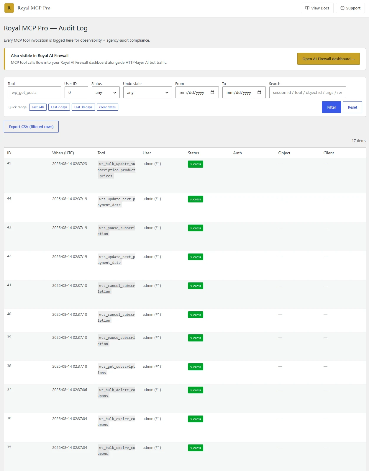 Royal MCP Pro Audit Log admin page showing filters and a table of MCP tool invocations with status badges