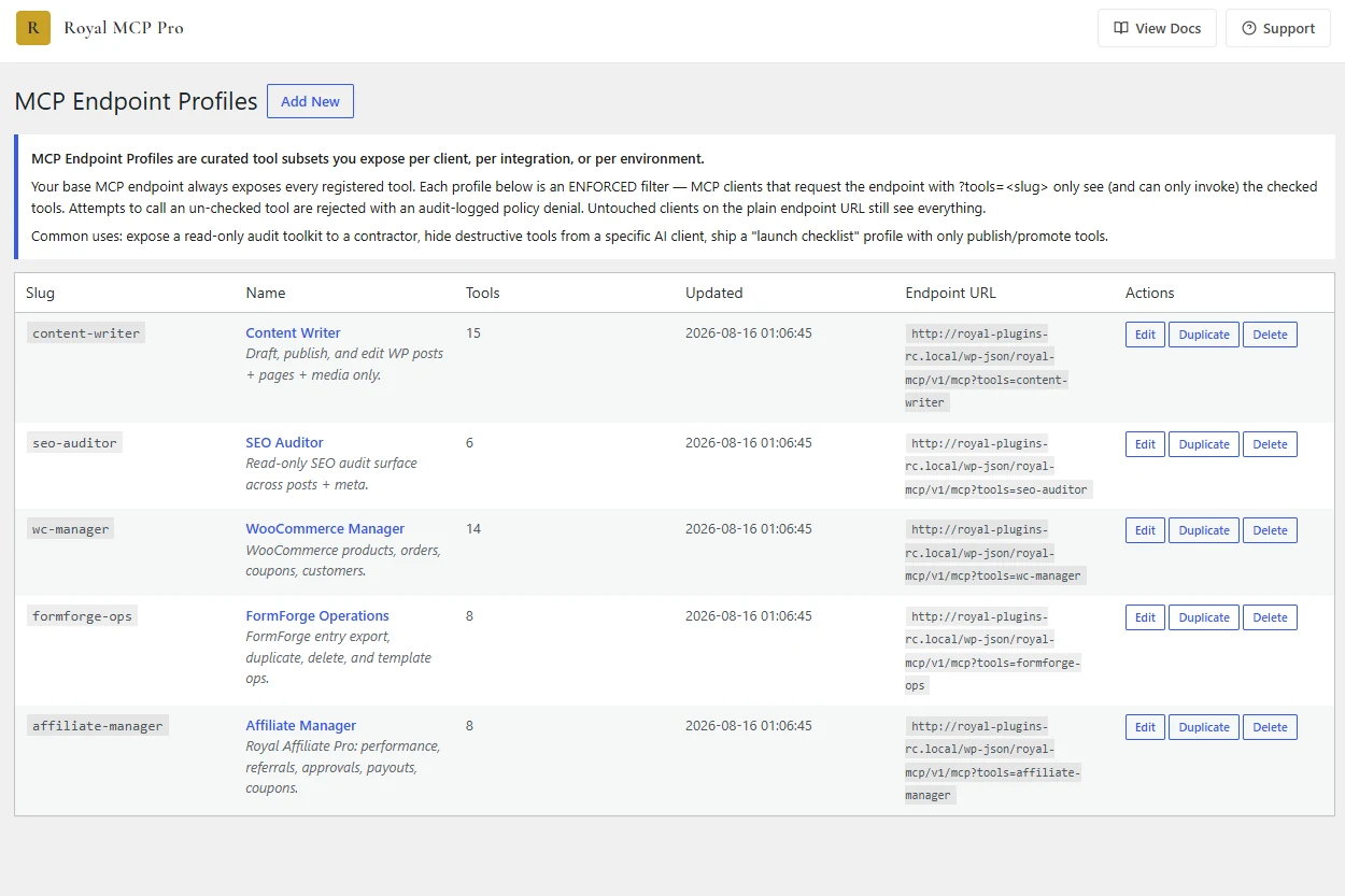 MCP Endpoint Profiles admin table showing five curated tool subsets with slugs, tool counts, and per-profile endpoint URLs