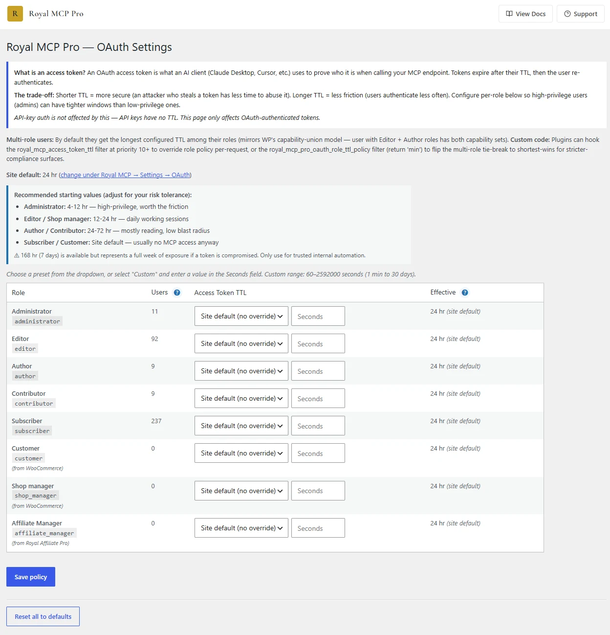 OAuth Settings admin page showing per-role access-token TTL configuration with recommended starting values