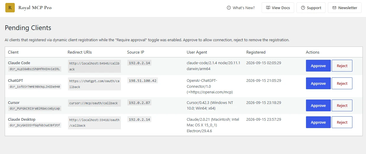 Royal MCP Pro Pending Clients admin page listing four AI clients (Claude Desktop, Cursor, ChatGPT, Claude Code) awaiting approval, with client name, redirect URIs, source IP, user agent, registration time, and Approve or Reject buttons on each row
