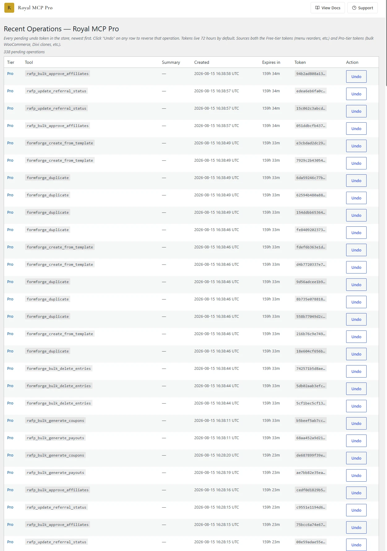 Recent Operations page listing pending undo tokens with a one-click Undo action per row
