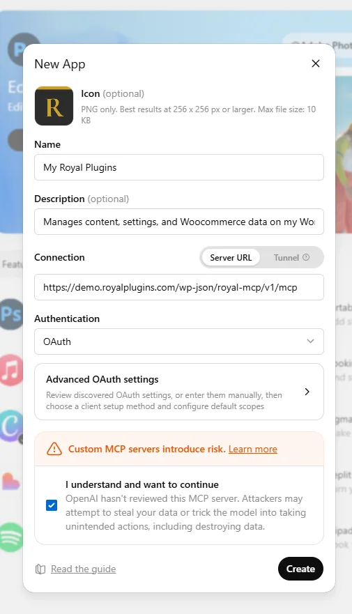 ChatGPT New App dialog with all fields completed for a Royal MCP setup: name, description, server URL, OAuth authentication selected, risk acknowledgment checked, and Create button active