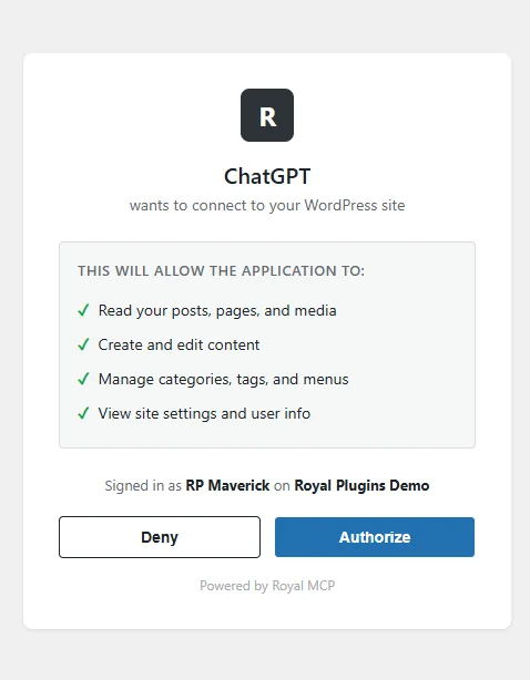 Royal MCP OAuth consent screen with ChatGPT requesting permission to read posts and media, create and edit content, manage categories and menus, and view site settings