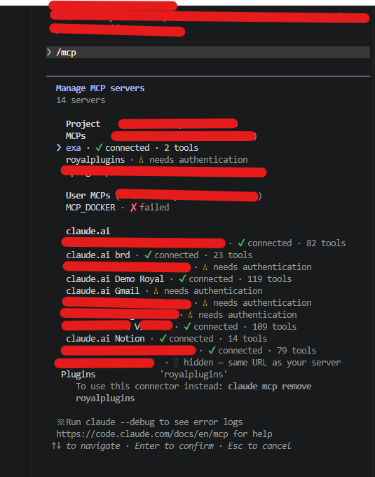 Claude Code /mcp output in a VS Code terminal: Manage MCP servers panel listing 14 servers under Project MCPs, User MCPs, and claude.ai groupings. Each entry shows a status icon (green checkmark connected, yellow warning needs authentication, red X failed) and tool count.