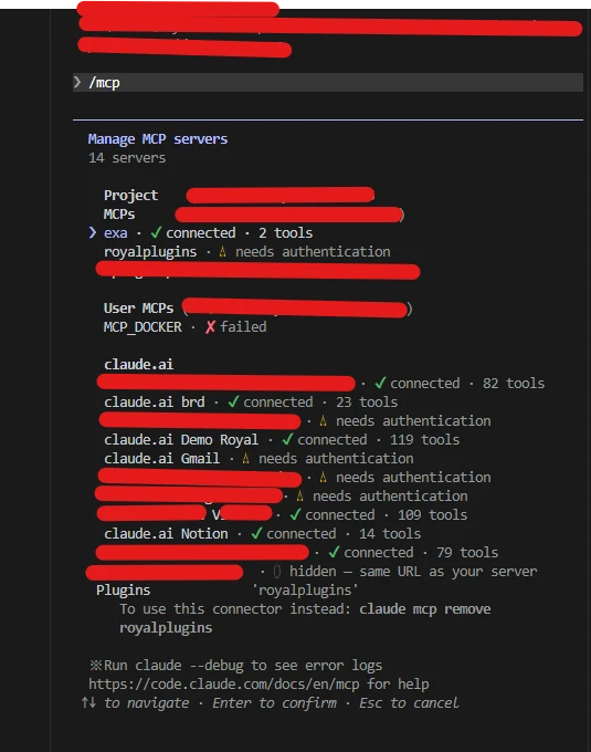 Claude Code /mcp output in a VS Code terminal: Manage MCP servers panel listing 14 servers under Project MCPs, User MCPs, and claude.ai groupings. Each entry shows a status icon (green checkmark connected, yellow warning needs authentication, red X failed) and tool count.