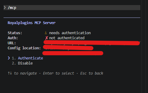 Claude Code /mcp connector detail screen: Royal Plugins MCP Server with Status: needs authentication, Auth: not authenticated, plus URL and Config location. Two options listed: 1. Authenticate (currently selected) and 2. Disable.