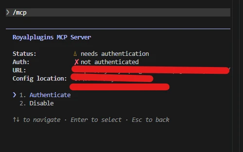 Claude Code /mcp connector detail screen: Royal Plugins MCP Server with Status: needs authentication, Auth: not authenticated, plus URL and Config location. Two options listed: 1. Authenticate (currently selected) and 2. Disable.