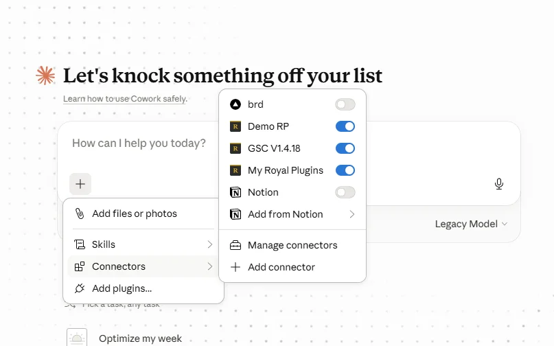 Claude Desktop showing the + menu opened with Connectors highlighted, and the Connectors submenu listing several Royal MCP connectors with toggle switches. Manage connectors and Add connector options at the bottom.