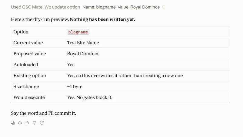 Claude showing a dry-run preview response for a WordPress option write: current value, proposed value, size delta in bytes, and autoload state returned before the write is committed