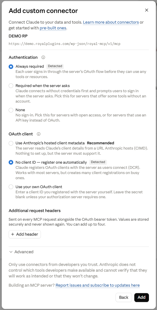 Claude Add custom connector wizard, auto-detected variant. No yellow warning banner. Authentication section shows Always required with a green Detected badge (selected). OAuth client section shows No client ID — register one automatically with a green Detected badge (selected). Additional request headers section and Advanced section are collapsed. Back and Add buttons at the bottom.