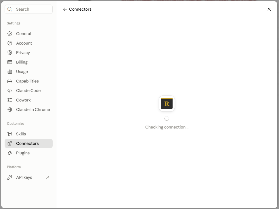 Claude Connectors area after clicking Add. Large Royal Plugins R icon centered on the page with a loading spinner below and the text Checking connection... Left sidebar shows the Settings navigation with Connectors highlighted.