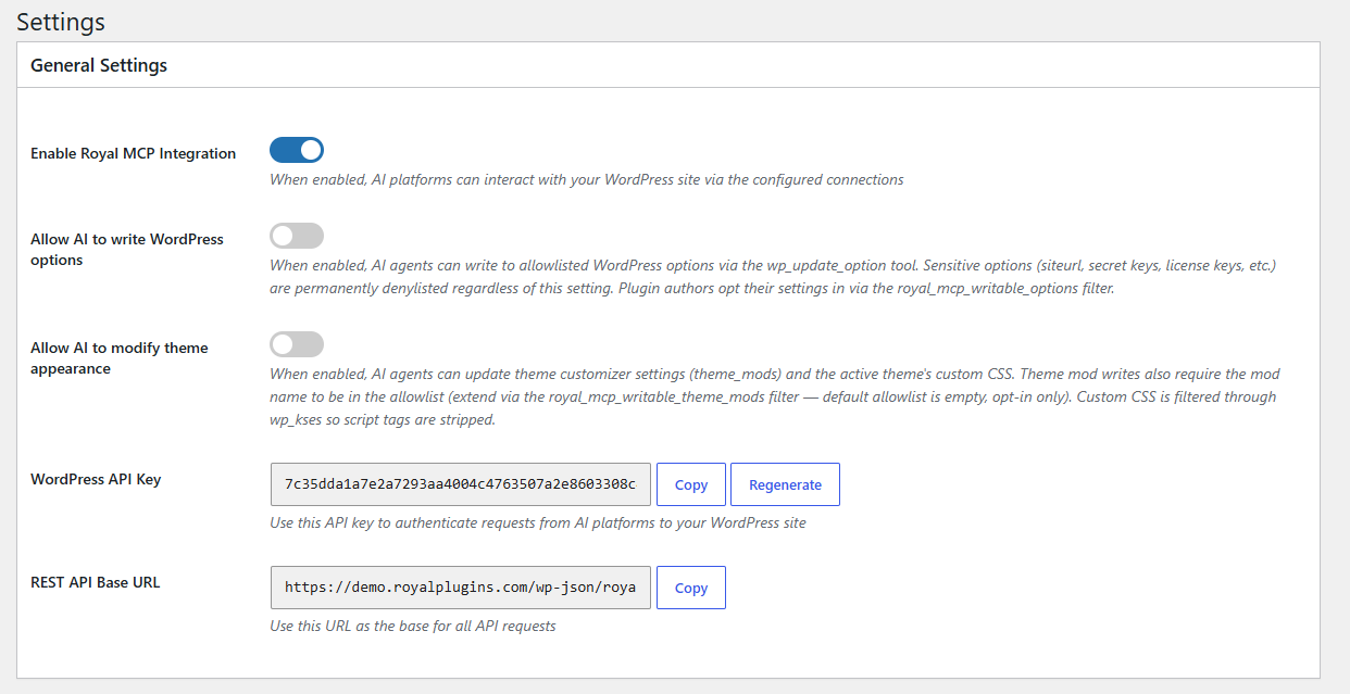 Royal MCP Settings page in WordPress admin showing the Enable Royal MCP Integration toggle, the WordPress API Key field with Copy and Regenerate buttons, and the REST API Base URL.