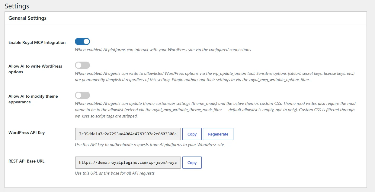 Royal MCP Settings page in WordPress admin showing the Enable Royal MCP Integration toggle, the WordPress API Key field with Copy and Regenerate buttons, and the REST API Base URL.