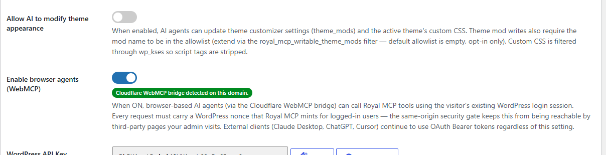 Royal MCP settings page in WordPress admin showing the Enable browser agents (WebMCP) row. The toggle switch is blue and switched ON, with a green status pill underneath reading Cloudflare WebMCP bridge detected on this domain. A short explainer paragraph follows describing what turning it on does.